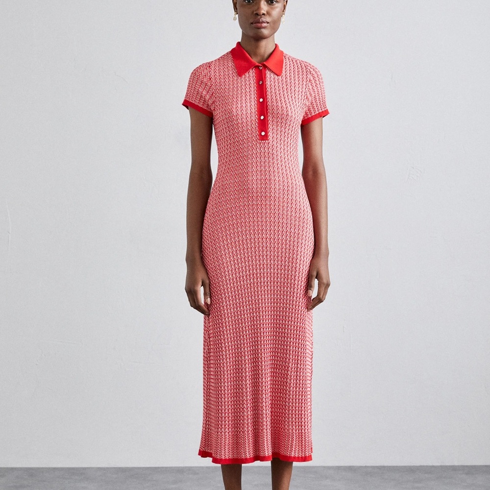 Maje Red and White Buttoned Sheath Midi Dress